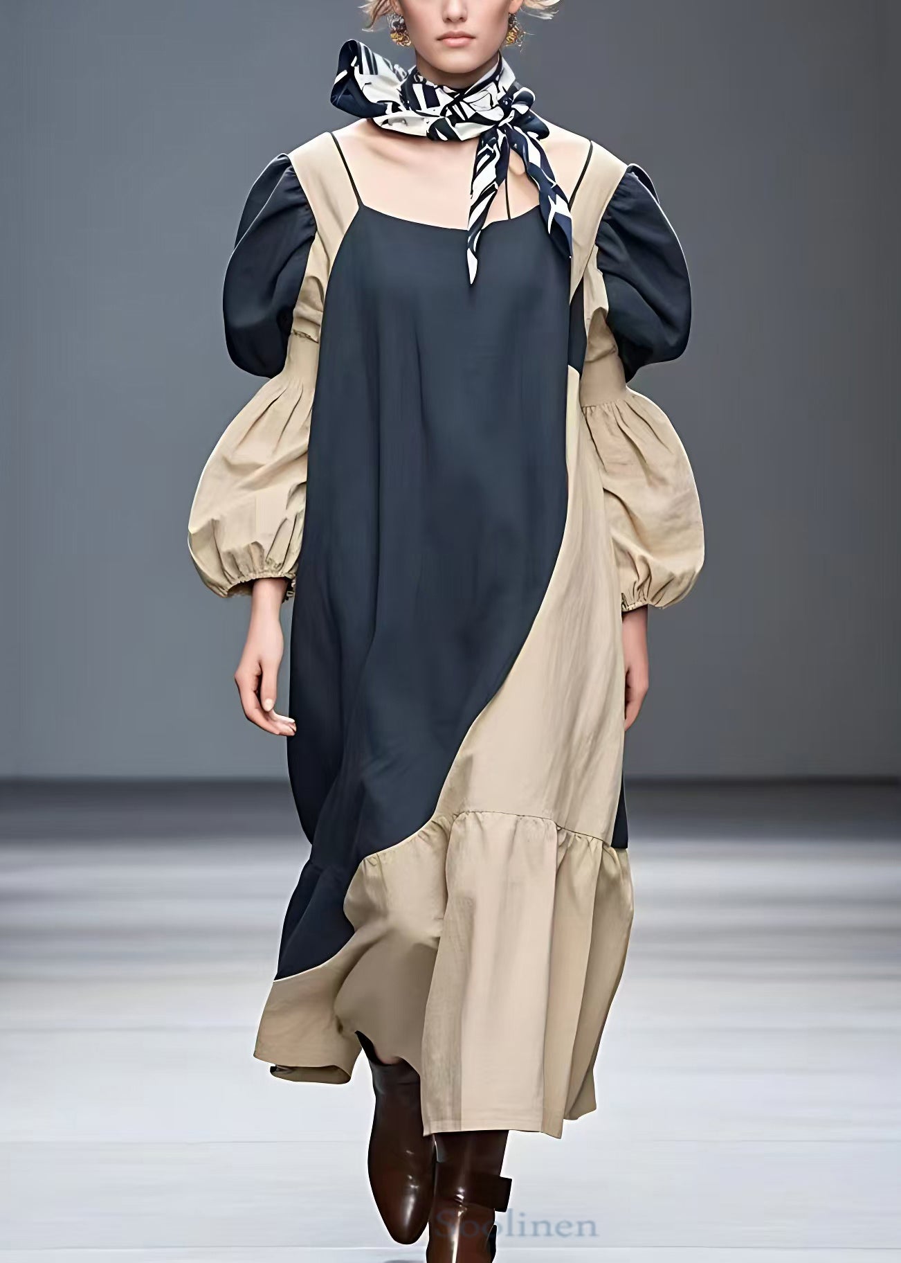 Navy O-neck Patchwork Cotton Maxi Dress Fall