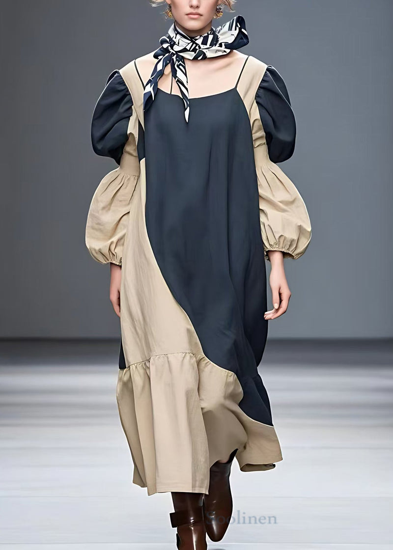 Navy O-neck Patchwork Cotton Maxi Dress Fall