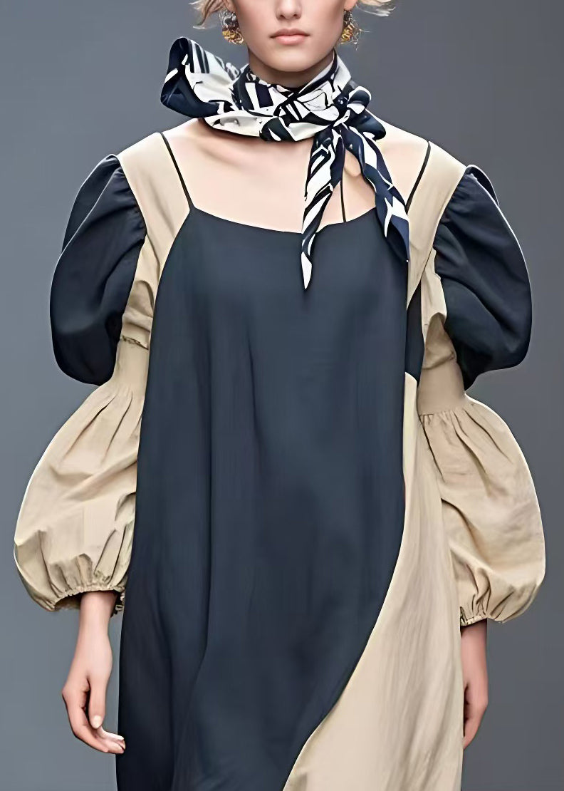 Navy O-neck Patchwork Cotton Maxi Dress Fall