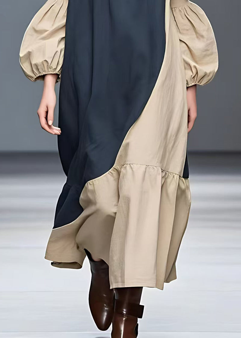 Navy O-neck Patchwork Cotton Maxi Dress Fall