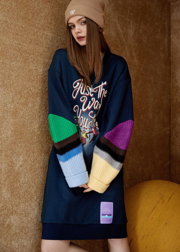 Navy O Neck Print Patchwork Warm Fleece Sweatshirts Dress Winter