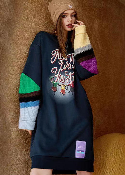 Navy O Neck Print Patchwork Warm Fleece Sweatshirts Dress Winter