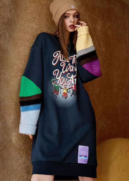 Navy O Neck Print Patchwork Warm Fleece Sweatshirts Dress Winter