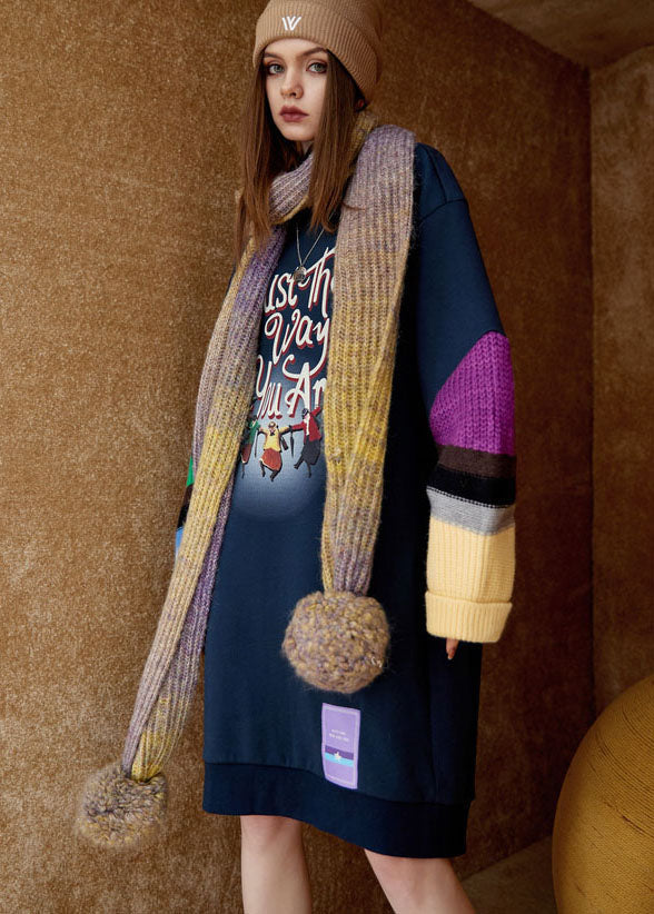 Navy O Neck Print Patchwork Warm Fleece Sweatshirts Dress Winter