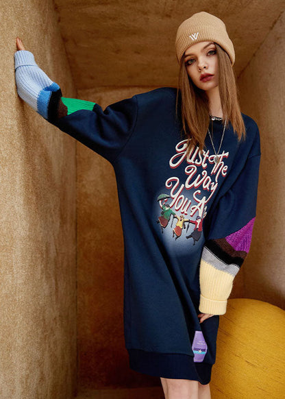 Navy O Neck Print Patchwork Warm Fleece Sweatshirts Dress Winter