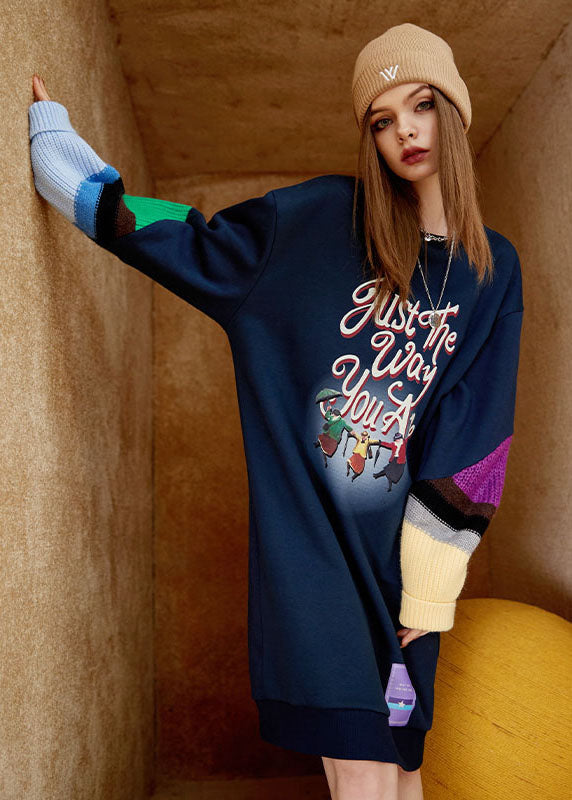 Navy O Neck Print Patchwork Warm Fleece Sweatshirts Dress Winter