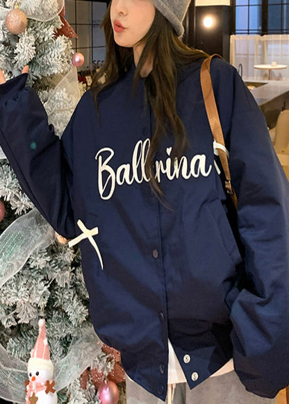 Navy Oversized Bow Letter Print Fine Cotton Filled Jackets Winter