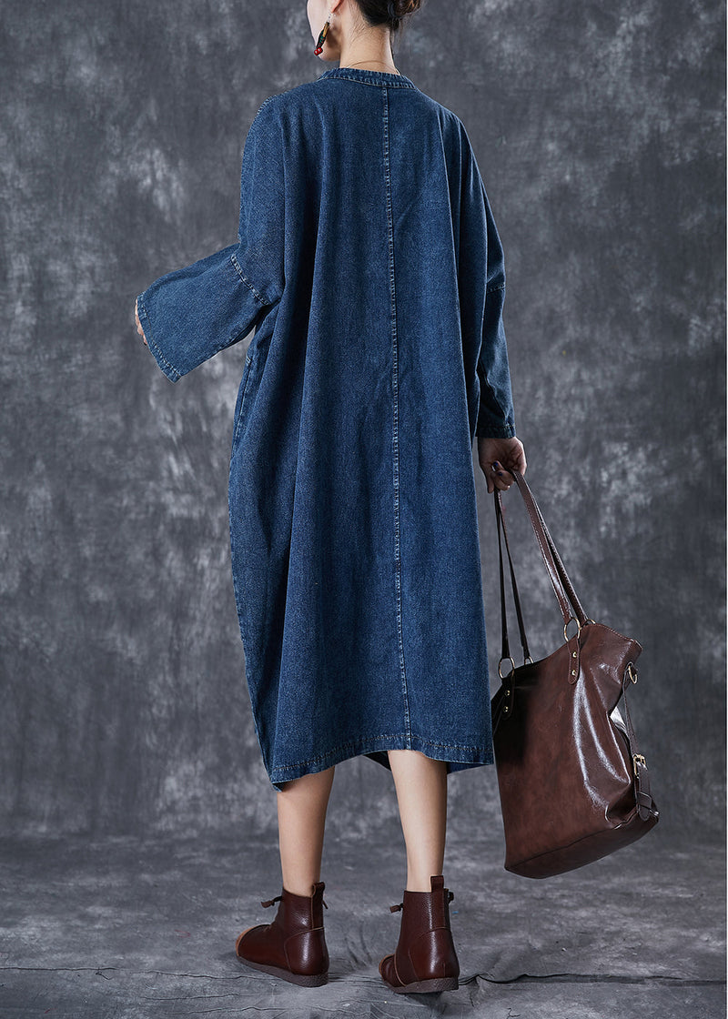 Navy Oversized Chinese Button Denim Maxi Dress Fall