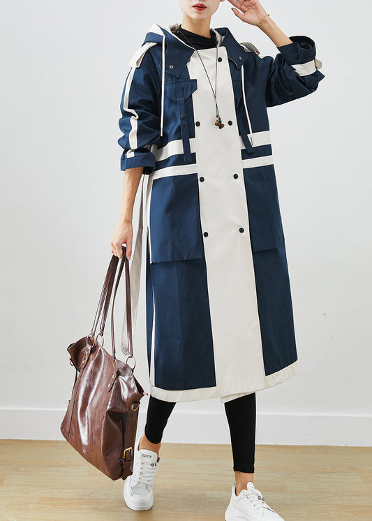 Navy Oversized Patchwork Original Design Cotton Trench Coats Fall