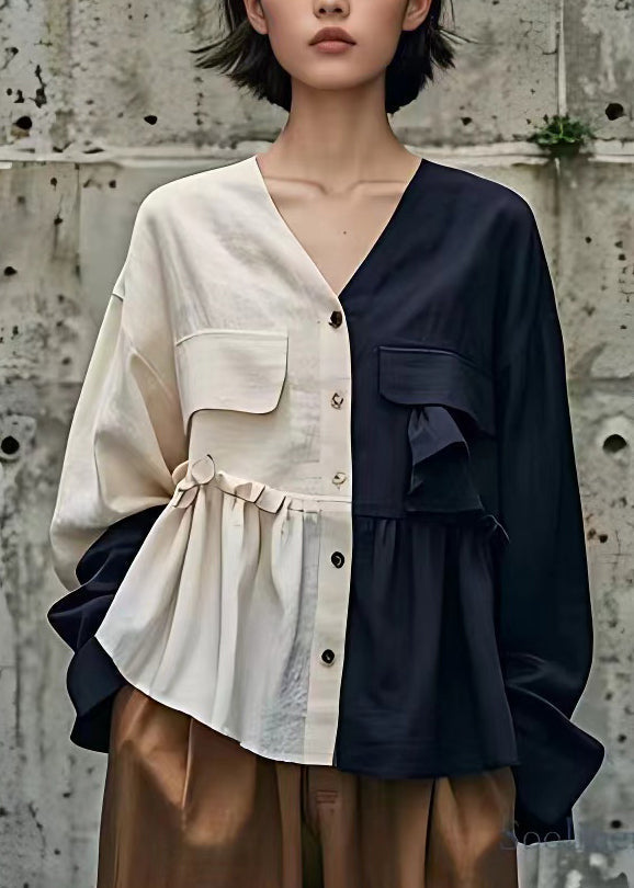 Navy Patchwork Wrinkled Button Top Long Sleeve