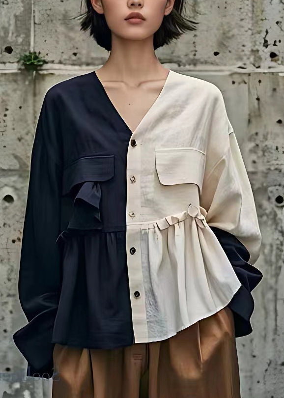 Navy Patchwork Wrinkled Button Top Long Sleeve