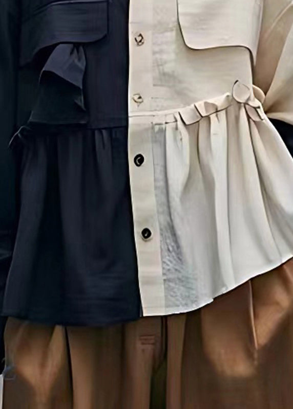 Navy Patchwork Wrinkled Button Top Long Sleeve
