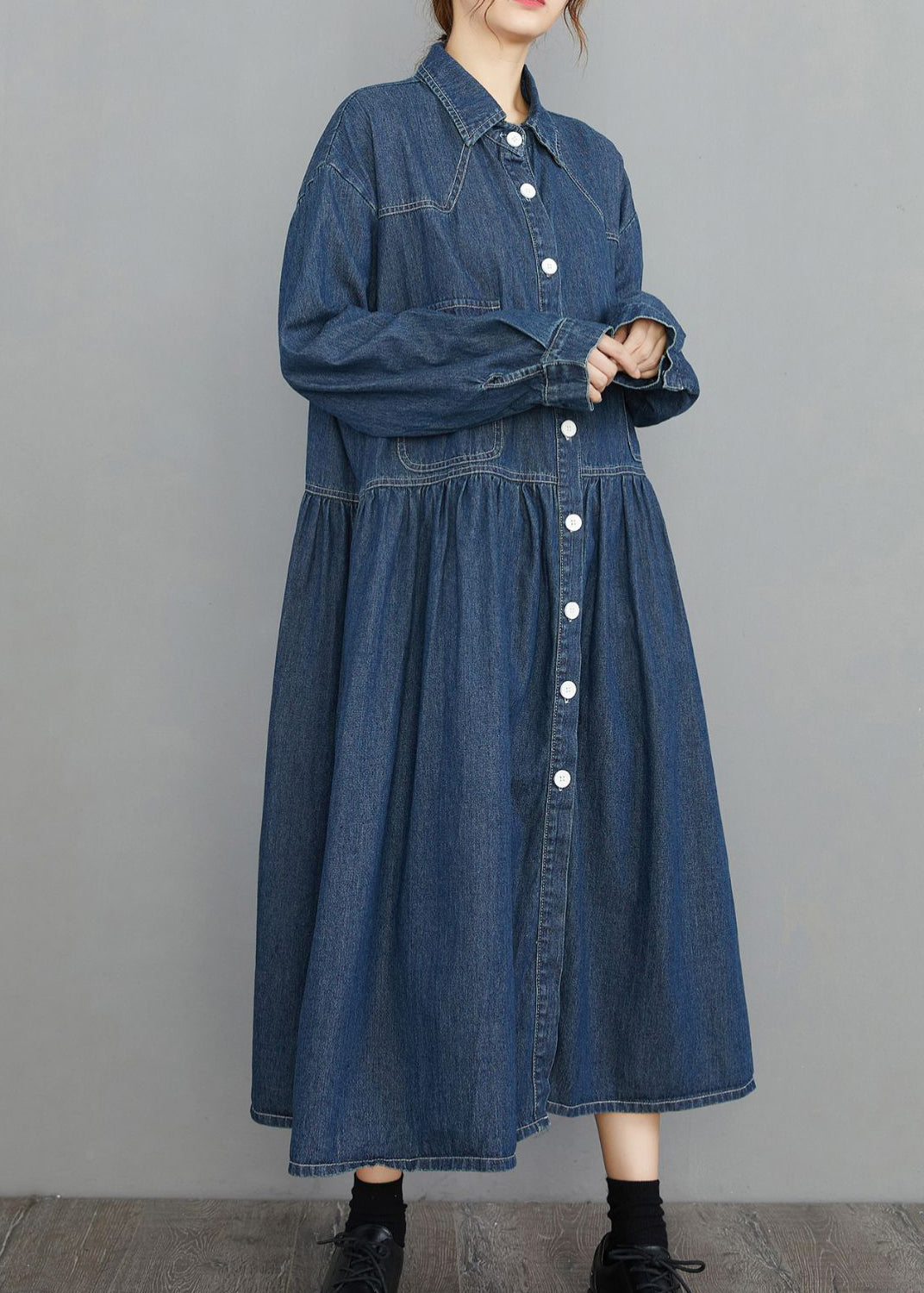 Navy Peter Pan Collar Button Pockets Wrinkled Denim Dress Spring