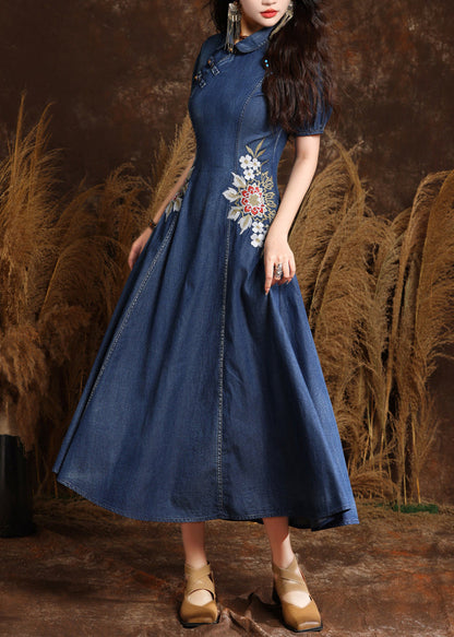 Navy Peter Pan Collar Embroidered Button Denim Maxi Dresses Summer