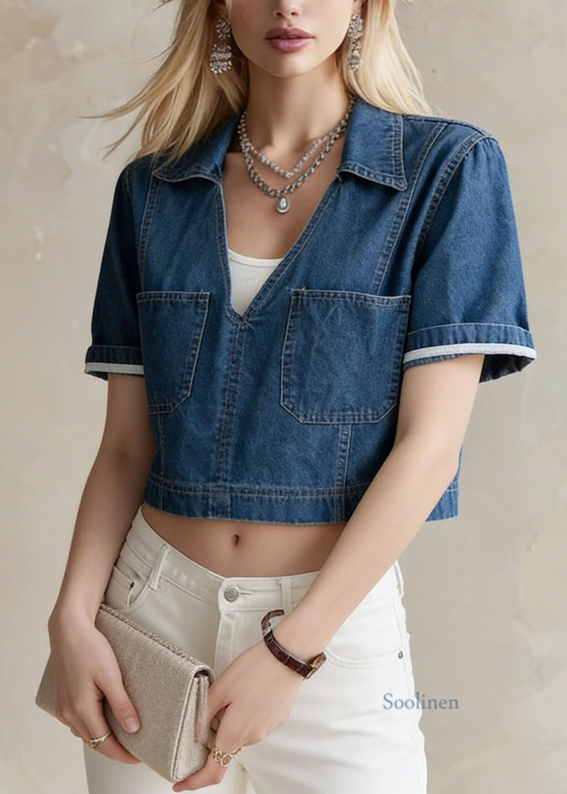 Navy Peter Pan Collar Pockets Denim Short Top Summer