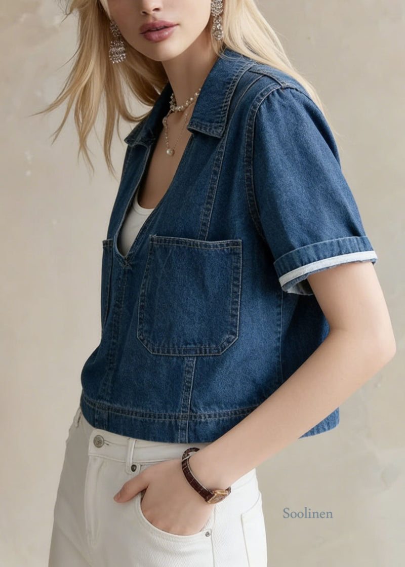 Navy Peter Pan Collar Pockets Denim Short Top Summer