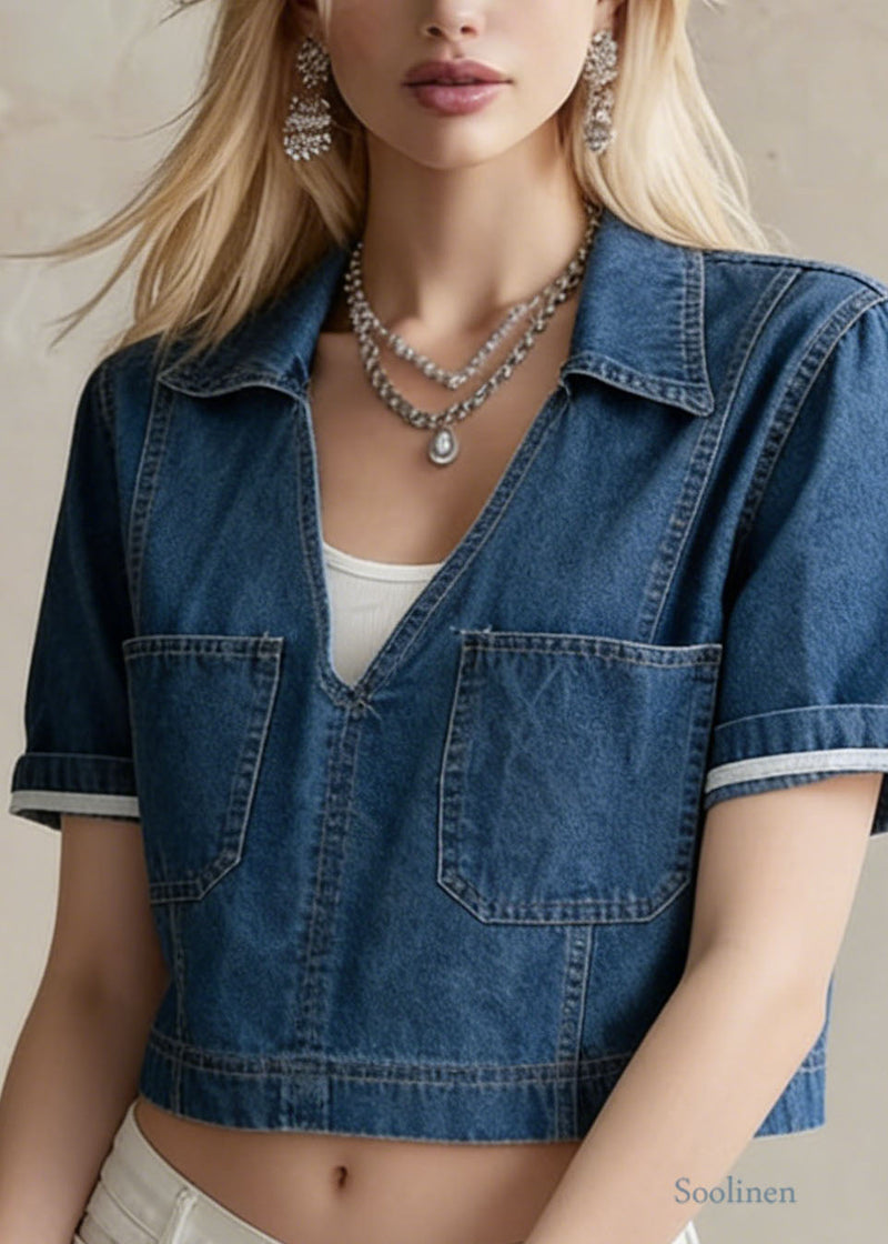 Navy Peter Pan Collar Pockets Denim Short Top Summer