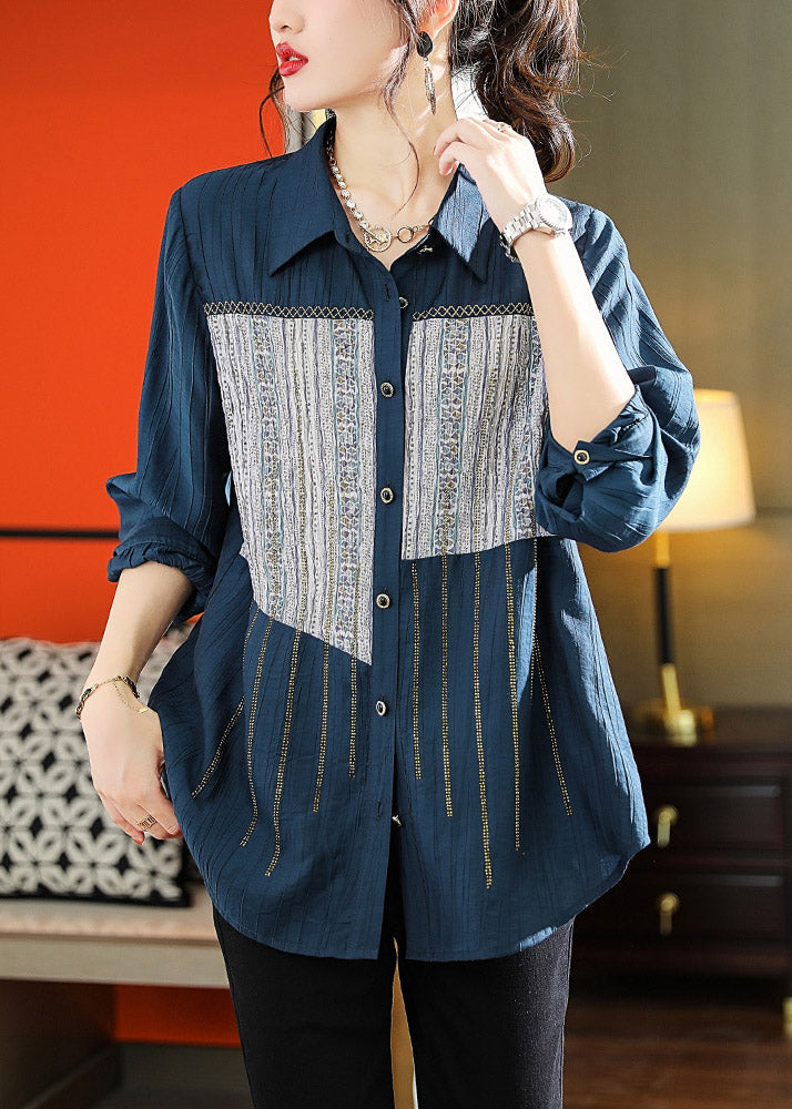 Navy Peter Pan Collar Print Patchwork Button T Shirts Long Sleeve