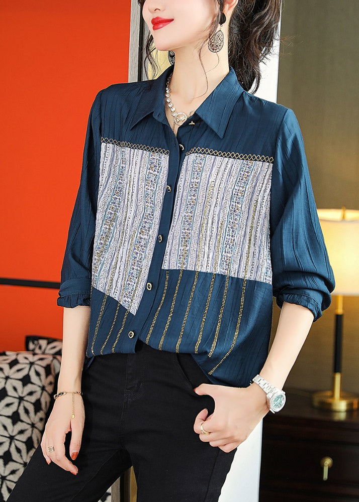 Navy Peter Pan Collar Print Patchwork Button T Shirts Long Sleeve