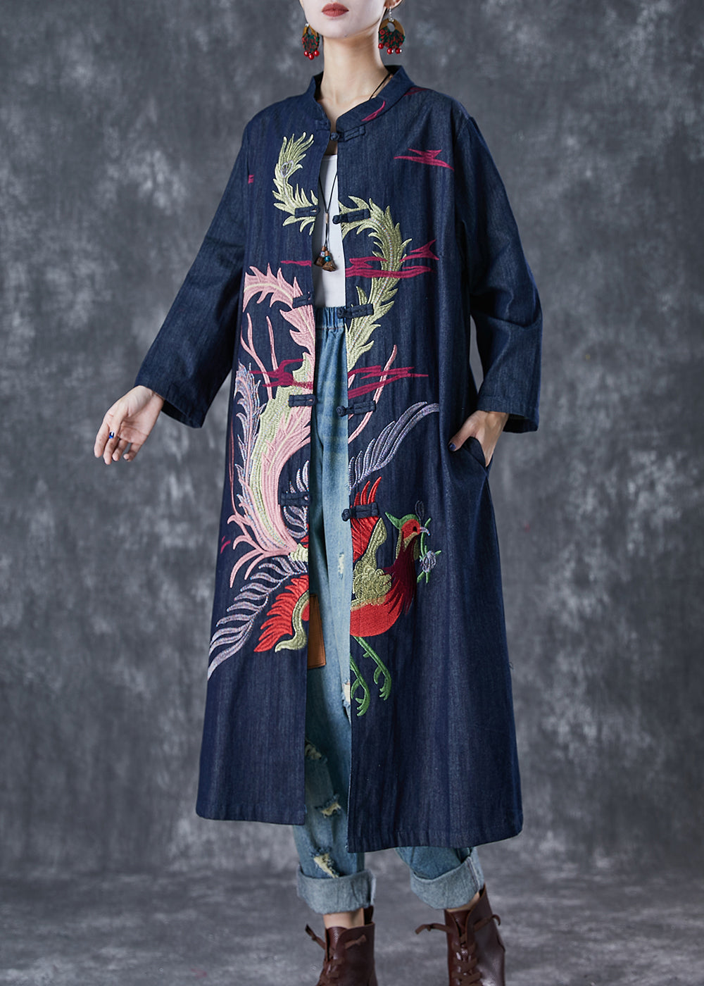 Navy Phoenix Embroidered Chinese Button Denim Trench Fall