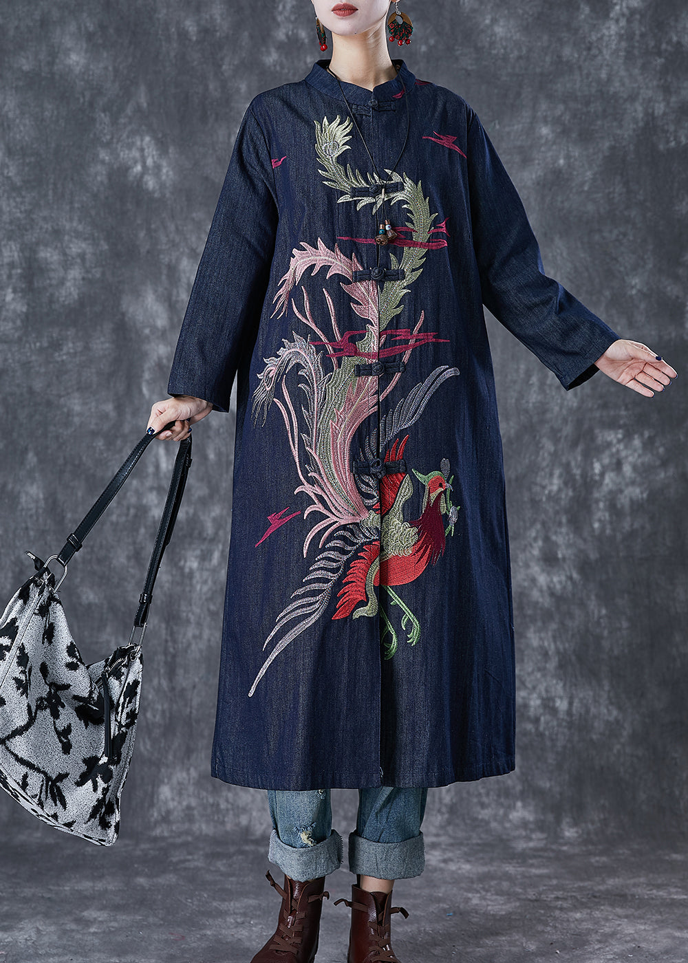 Navy Phoenix Embroidered Chinese Button Denim Trench Fall