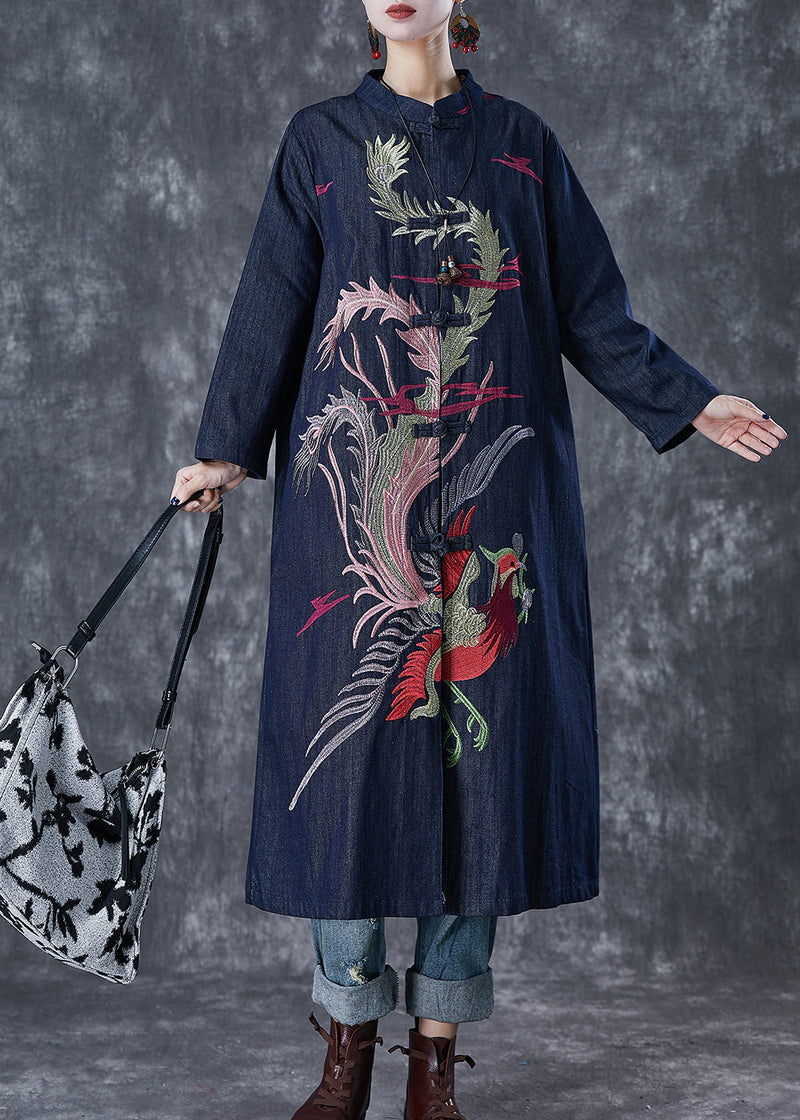 Navy Phoenix Embroidered Chinese Button Denim Trench Fall
