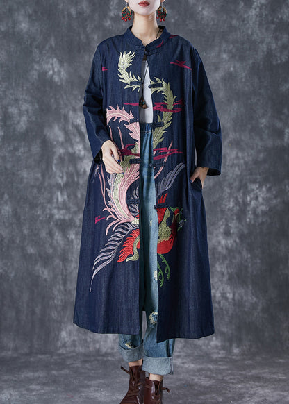 Navy Phoenix Embroidered Chinese Button Denim Trench Fall