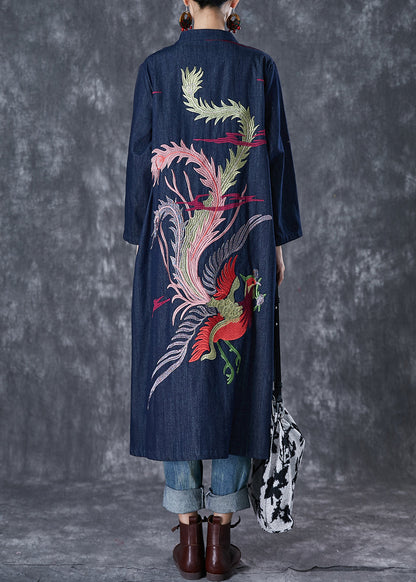 Navy Phoenix Embroidered Chinese Button Denim Trench Fall