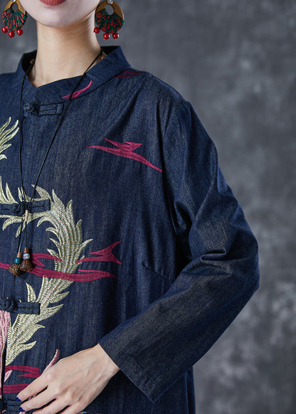 Navy Phoenix Embroidered Chinese Button Denim Trench Fall