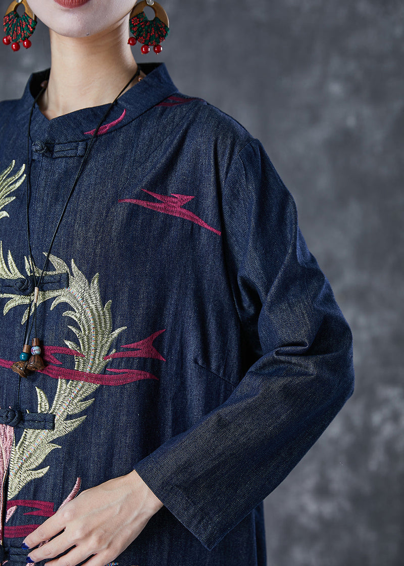 Navy Phoenix Embroidered Chinese Button Denim Trench Fall