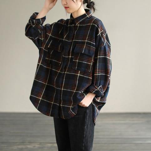 Chic Navy Plaid Tunic Pattern Lapel Patchwork Knee Spring Top