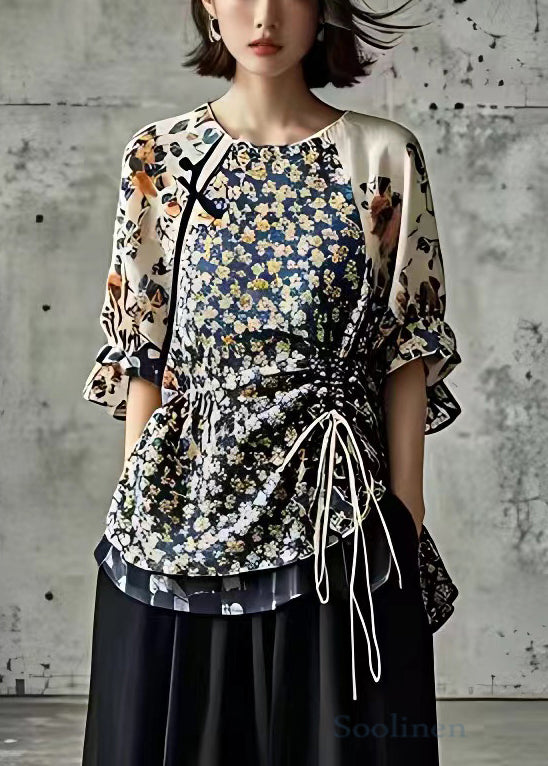 Navy Print Drawstring Cotton Shirt Half Sleeve