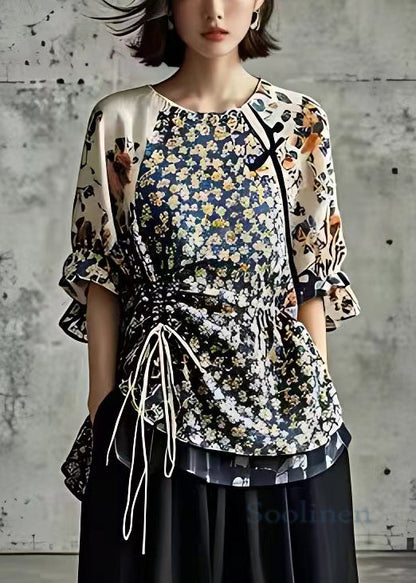 Navy Print Drawstring Cotton Shirt Half Sleeve