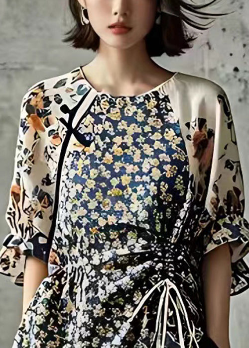 Navy Print Drawstring Cotton Shirt Half Sleeve