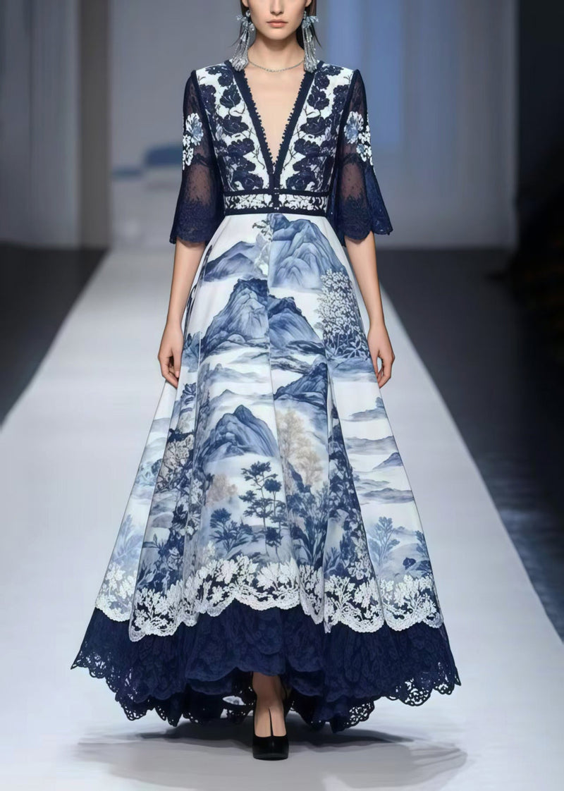 Navy Print Exra Large Hem Chiffon Vestidos Dress Summer