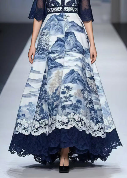 Navy Print Exra Large Hem Chiffon Vestidos Dress Summer