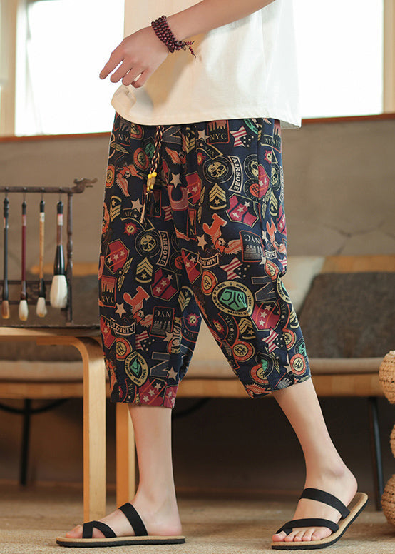 Navy Print Lace Up Elastic Waist Cotton Crop Pants