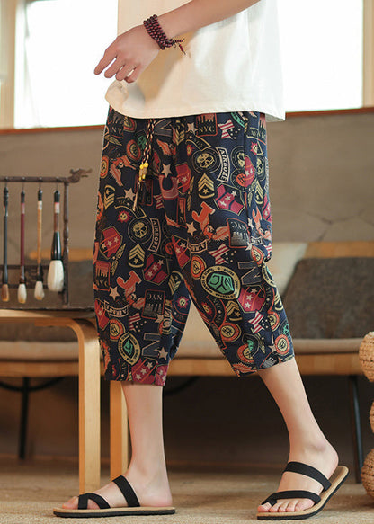 Navy Print Lace Up Elastic Waist Cotton Crop Pants