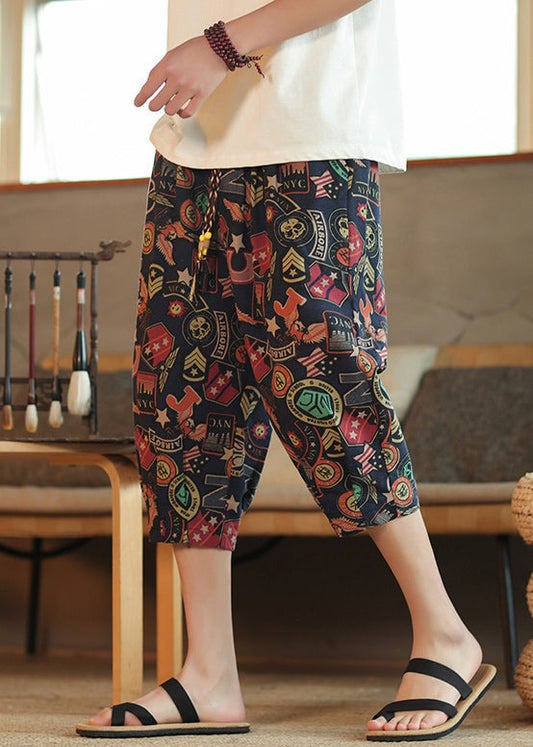 Navy Print Lace Up Elastic Waist Cotton Crop Pants