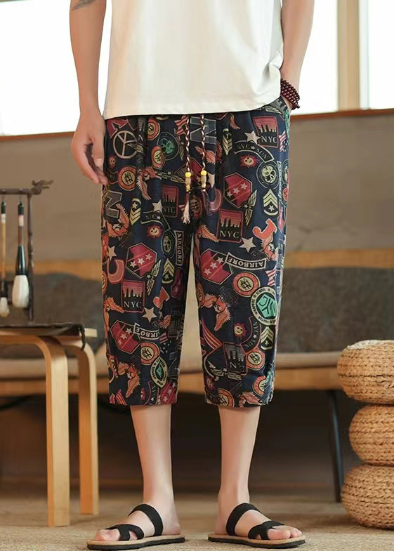 Navy Print Lace Up Elastic Waist Cotton Crop Pants