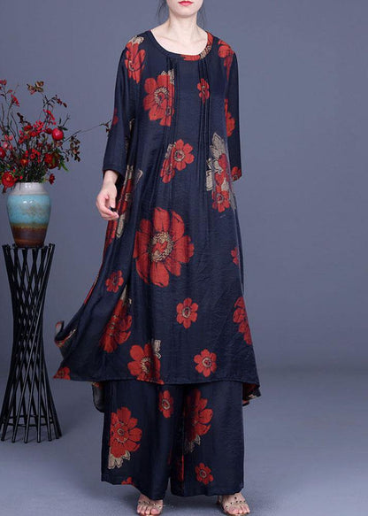 Navy Print Long Smock Wide Leg Chiffon Two Pieces Sets