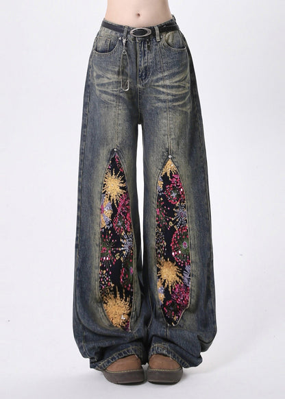 Navy Sequins Patchwork Denim Pants Spring