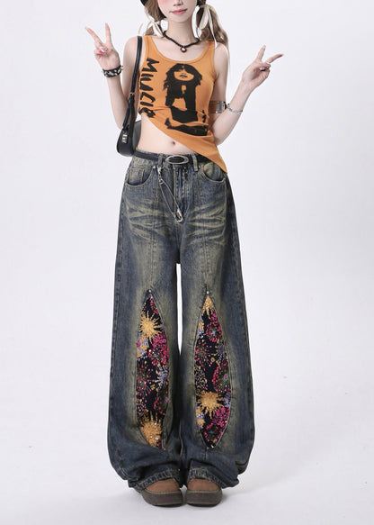 Navy Sequins Patchwork Denim Pants Spring