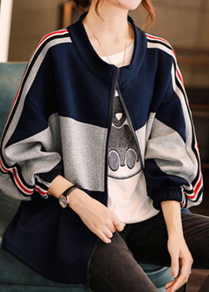Navy Stand Collar Zippered Patchwork Coat Fall
