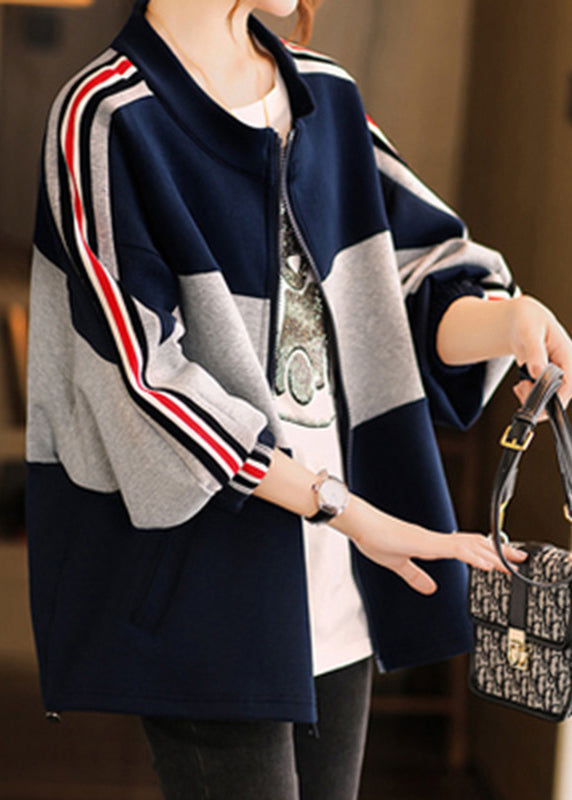 Navy Stand Collar Zippered Patchwork Coat Fall