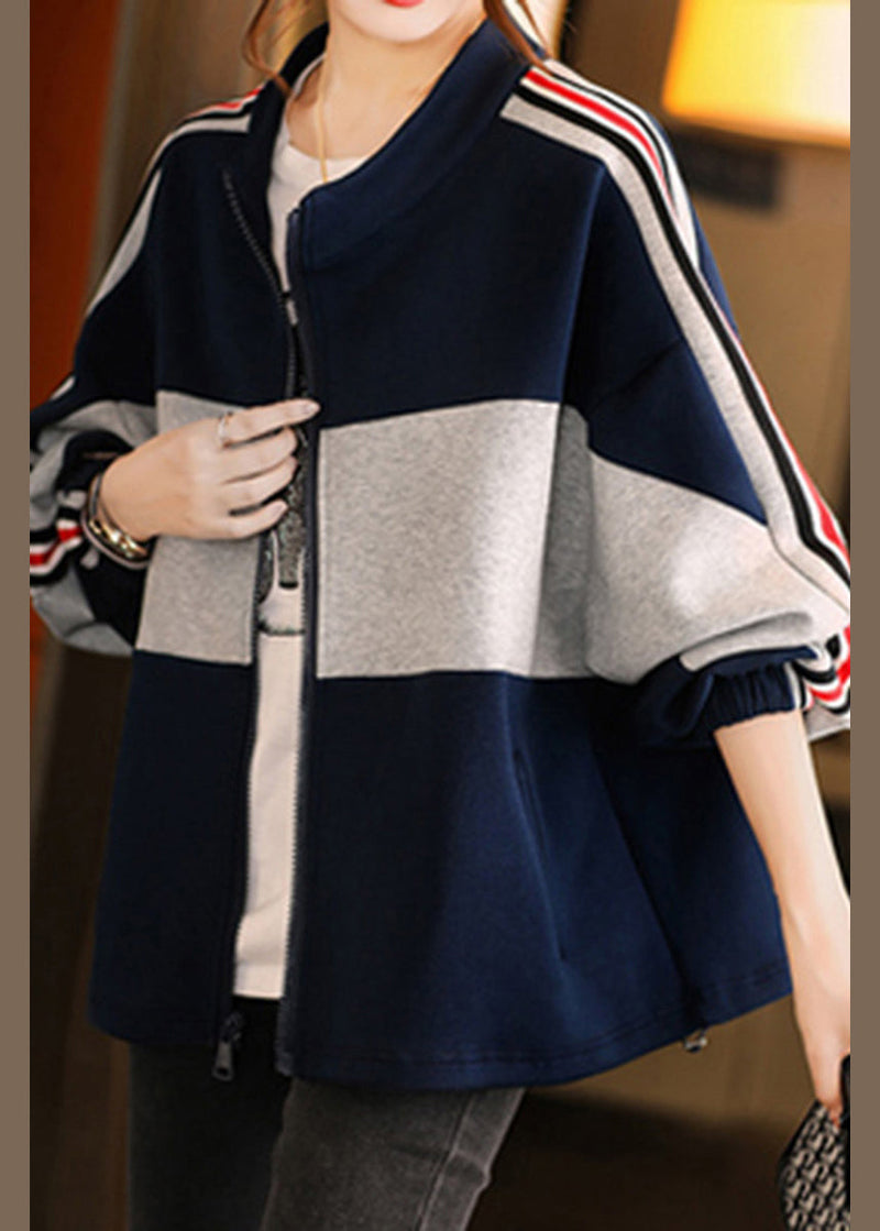 Navy Stand Collar Zippered Patchwork Coat Fall