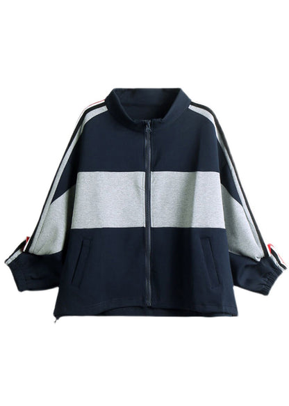 Navy Stand Collar Zippered Patchwork Coat Fall