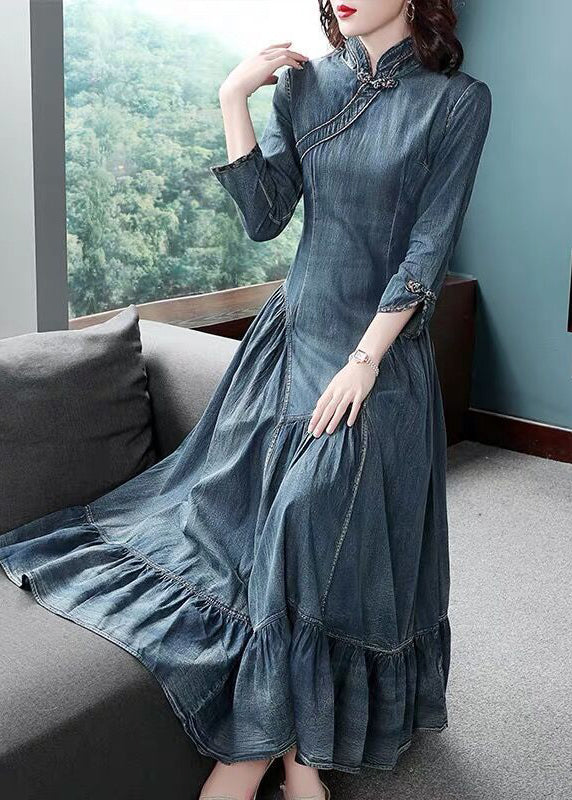 Navy Stand Collar Asymmetrical Design Ruffles Cotton Denim Dresses Long Sleeve