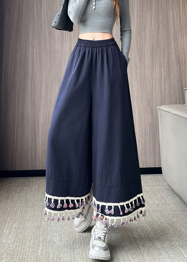 Navy Tasseled Cotton Wide Leg Pants Trousers Spring
