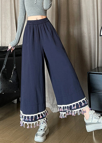 Navy Tasseled Cotton Wide Leg Pants Trousers Spring